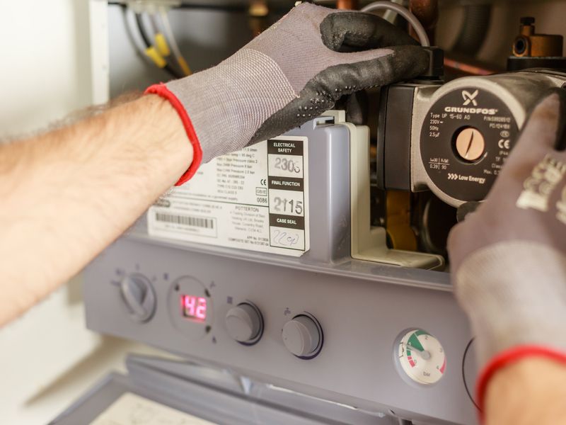 A plumber servicing a water heater, checking the pressure valve