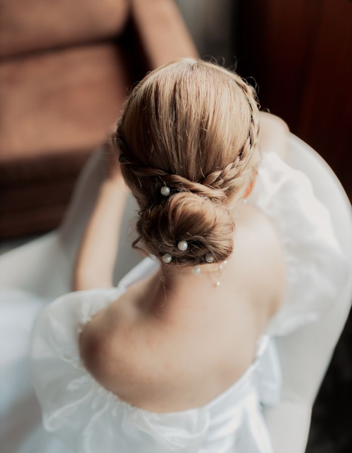 Bridal updo with braided detail, overhead view